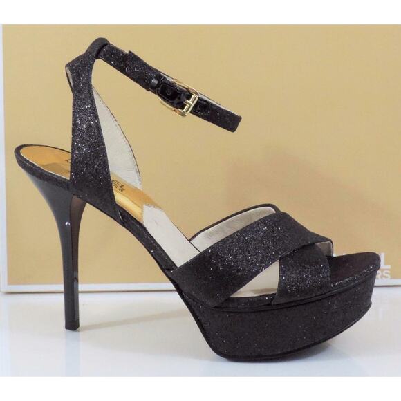 Michael Kors Gideon Sandal Platform High Heels Black Glitter Sparkle Size 8.5 - Picture 1 of 9